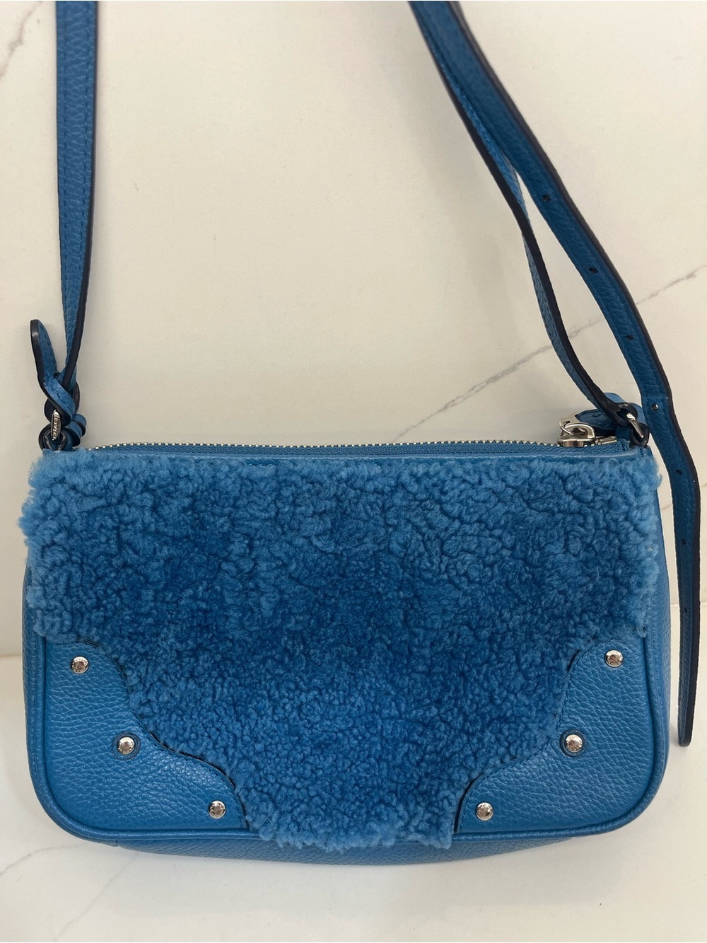 Coach Blue Shearling & Pebbled Leather Crossbody Bag - Picture 3 of 11